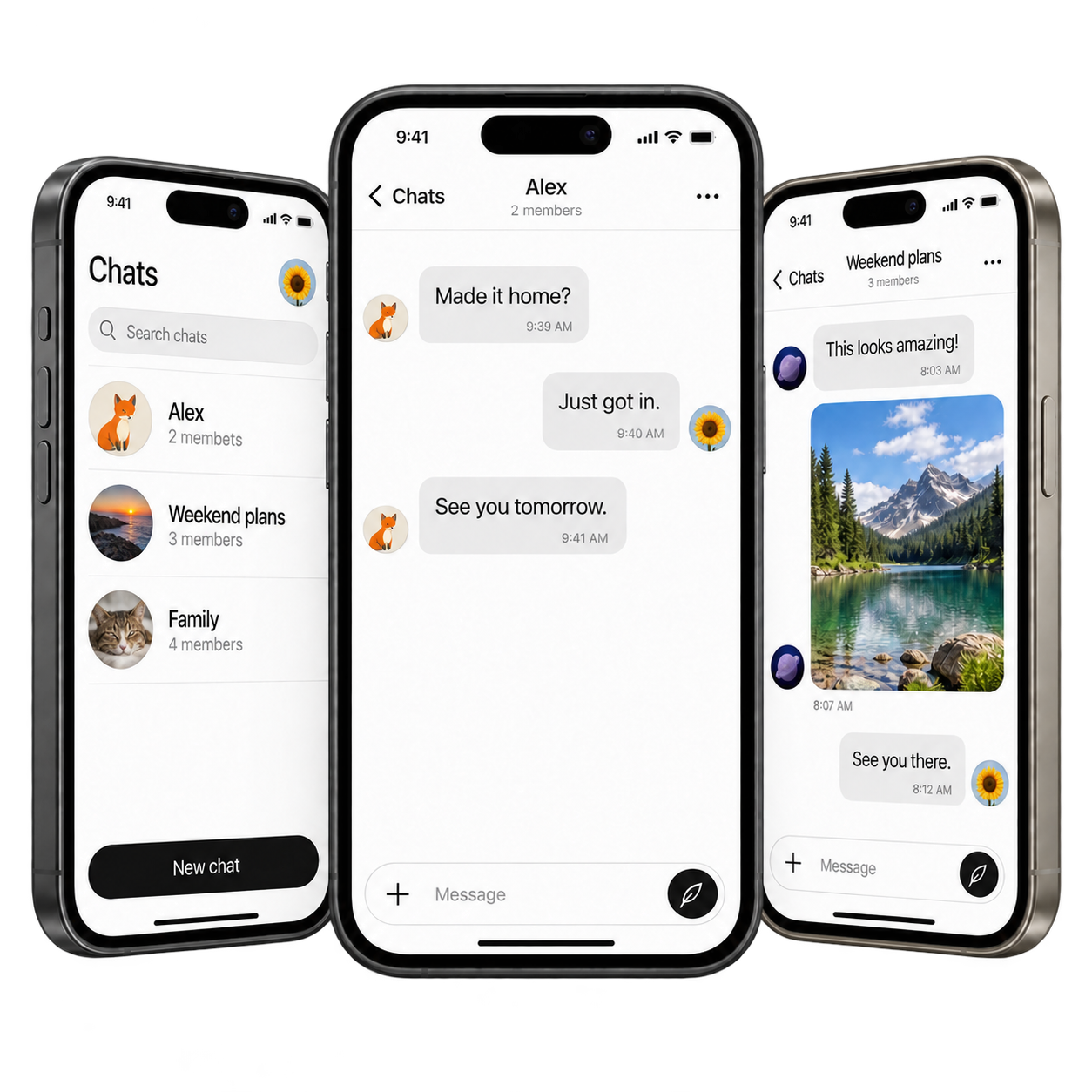 Feather conversations and shared photos shown on three phones